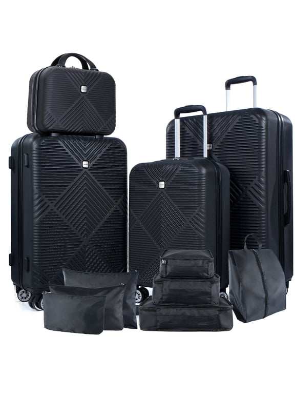 11 Piece Hardshell Luggage Set, 20/24/28 Inch Carry On Spinner Suitcase with Packing Cubes Toiletry Bag, Lightweight Durable Travel Suitcase Smooth Rolling Wheels,Black