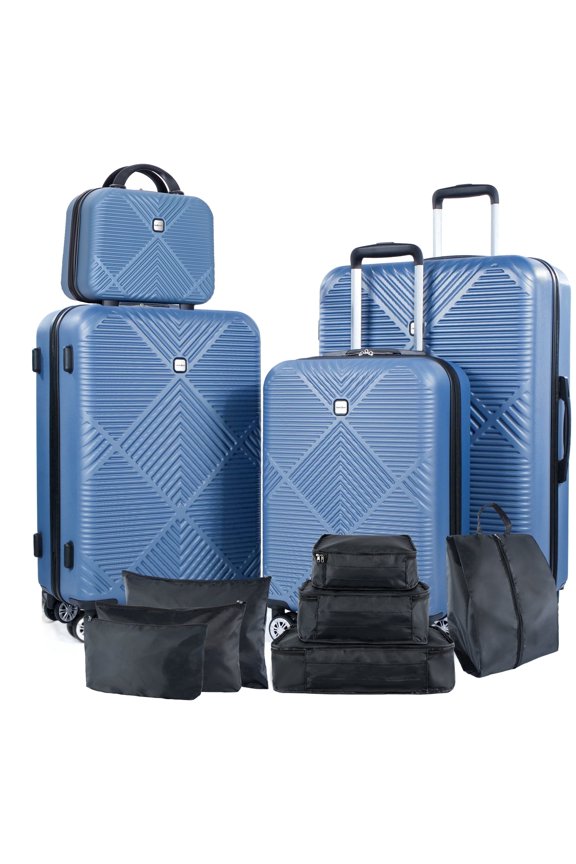 11 Piece Hardshell Luggage Set, 20/24/28 Inch Carry On Spinner Suitcase with Packing Cubes Toiletry Bag, Lightweight Durable Travel Suitcase Smooth Rolling Wheels,Blue