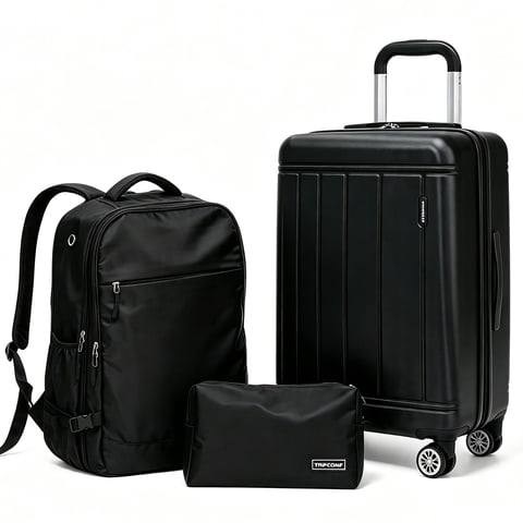 Tripcomp 3 Piece Carry-on Luggage Sets, Hardside Suitcase with Spinner Wheels,Travel Backpack and a Packing Cube (Black)