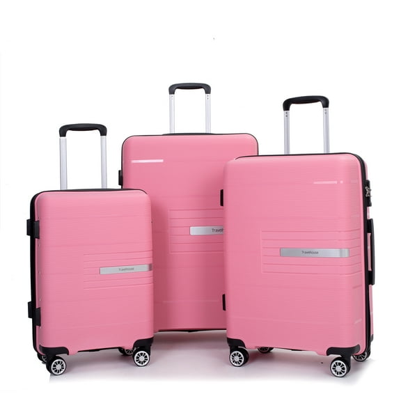 Tripcomp 3 Piece Luggage Sets, Hardside Carry On Luggage, PP case with Two Hooks, Spinner Wheels, TSA Lock, Airline Approved, Lightweight Durable Suitcase, （20”24”28”）(Pink)