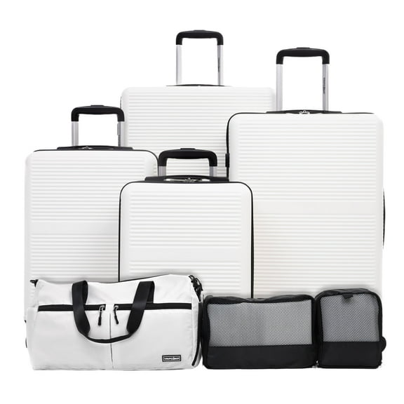Tripcomp 7-Piece Hardside Luggage Set with TSA Lock Lightweight ABS+PC Suitcase (16/20/24/28 Inch) with 360° Silent Spinner Wheels, Duffel Bag and 2 Packing Cubes (White)