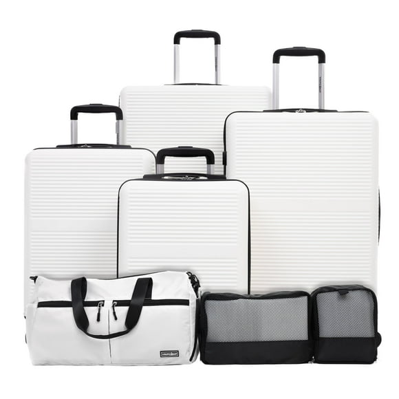 Tripcomp 7-Piece Hardside Luggage Set with TSA Lock Lightweight ABS+PC Suitcase (16/20/24/28 Inch) with 360° Silent Spinner Wheels, Duffel Bag and 2 Packing Cubes (White)