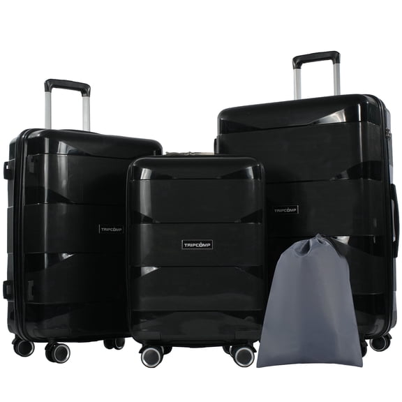 Tripcomp 3-Piece PP Hardside Luggage Set, 20 24 28 Inch Spinner Suitcases with 8 Silent Wheels and TSA Lock,Black