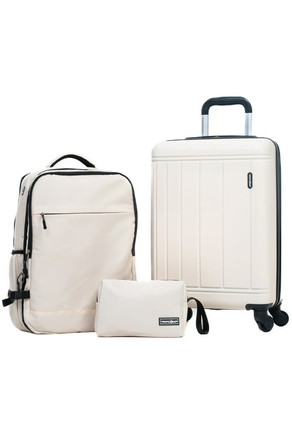 3 Piece Carry-on Luggage Sets, Hardside Suitcase with Spinner Wheels,Travel Backpack and a Packing Cube (White)