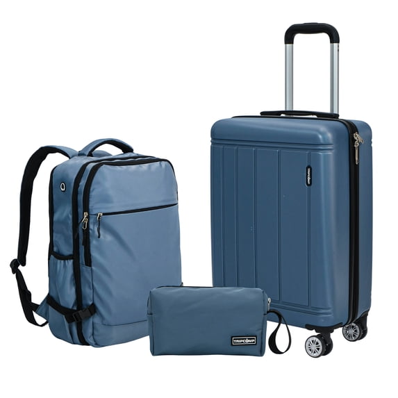 Tripcomp 3 Piece Carry-on Luggage Sets, Hardside Suitcase with Spinner Wheels,Travel Backpack and a Packing Cube (Blue)