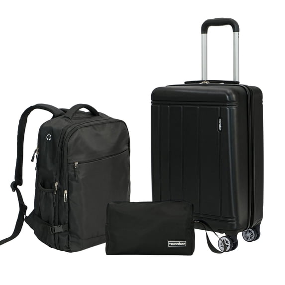 Tripcomp 3 Piece Carry-on Luggage Sets, Hardside Suitcase with Spinner Wheels,Travel Backpack and a Packing Cube (Black)