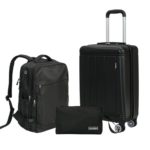 Tripcomp 3 Piece Carry-on Luggage Sets, Hardside Suitcase with Spinner Wheels,Travel Backpack and a Packing Cube (Black)
