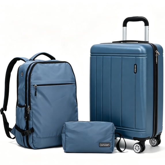 Tripcomp 3 Piece Carry-on Luggage Sets, Hardside Suitcase with Spinner Wheels,Travel Backpack and a Packing Cube (Blue)