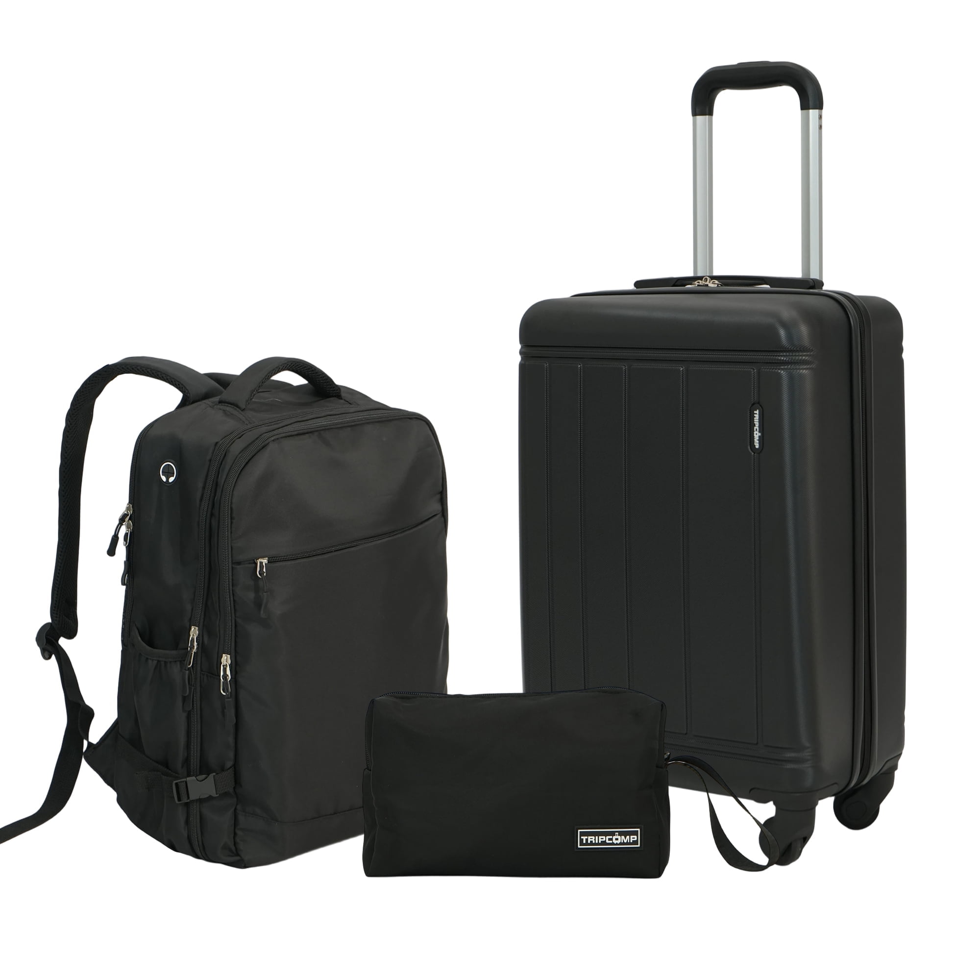 Tripcomp 3 Piece Carry-on Luggage Sets, Hardside Suitcase with Spinner Wheels,Travel Backpack and a Packing Cube (Black)
