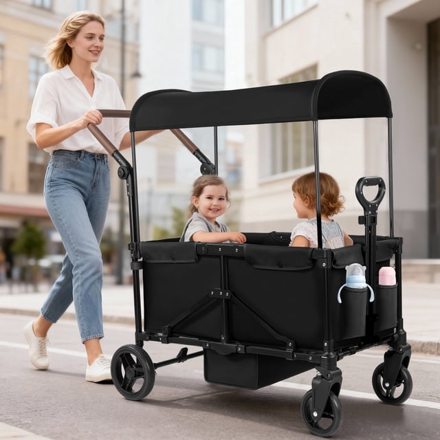 Tripland Wagon Stroller for Kids, 2-Seater Outdoor Baby Stroller with Canopy,Pull & Push Handle,Black