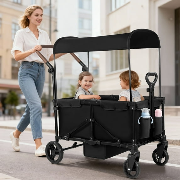 Tripland Wagon Stroller for Kids, 2-Seater Outdoor Baby Stroller with Canopy,Pull & Push Handle,Black