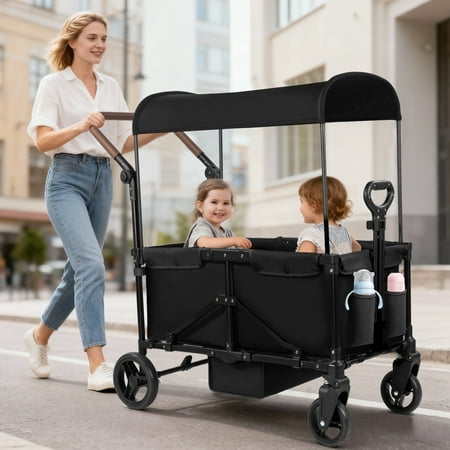 Tripland Wagon Stroller for Kids, 2-Seater All-Terrain Wagon with Canopy,Pull & Push Handle,Black