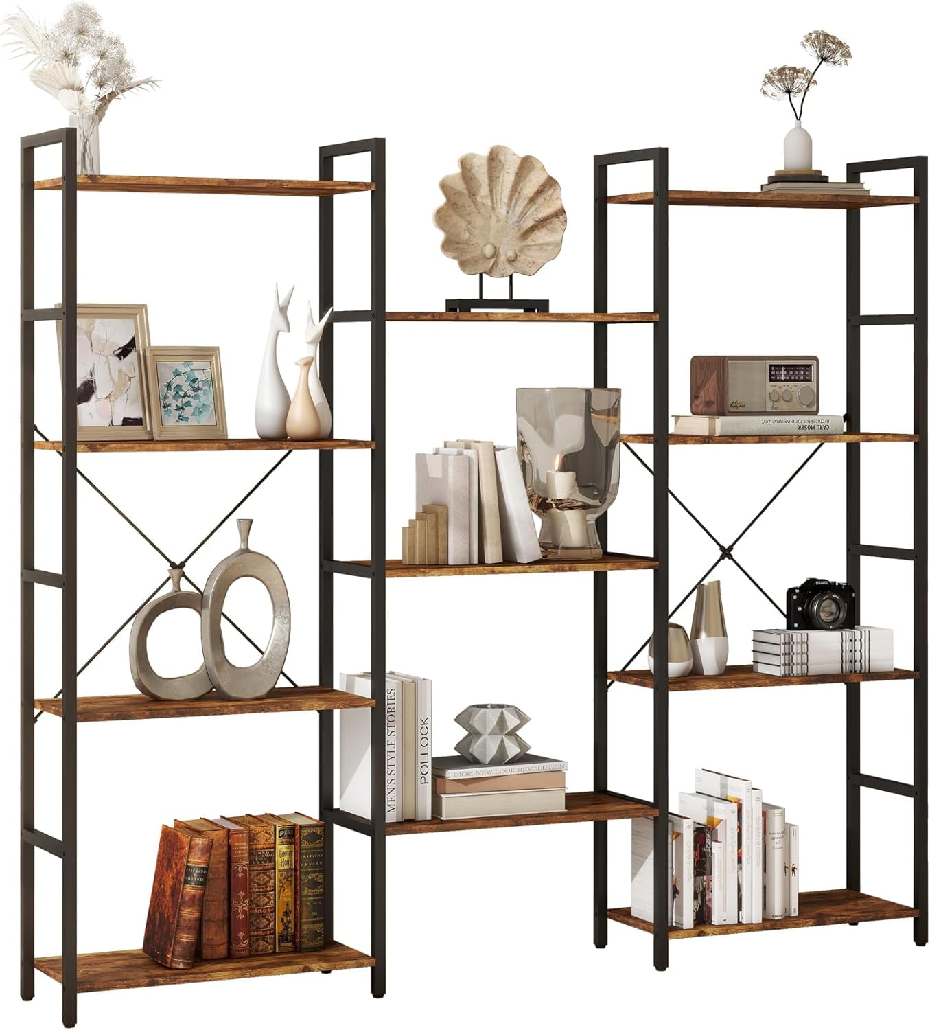 Triple 4/5/6 Tier Bookshelf, Industrial Bookcase with 11/14/17 Open ...