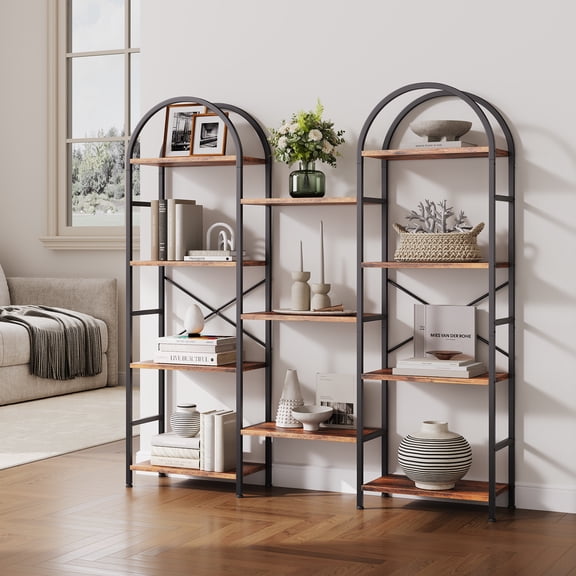 Triple 4 Tier Arched Bookshelf, Large Open Display Bookcase with 18 Shelves, Metal Frame & Wood Shelves, Wide Tall Standing Storage Rack for Living Room, Bedroom, Home Office,Rustic Brown
