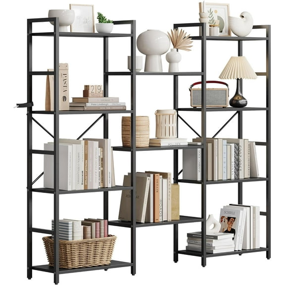 Triple 4 Tier Bookshelf with 11 Open Display Shelves, Wide Bookcase for Home and Office, Spacious and Stylish Storage Organizer-Black