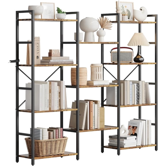 Triple 4 Tier Bookshelf with 11 Open Display Shelves, Wide Bookcase for Home and Office, Spacious and Stylish Storage Organizer-Brown