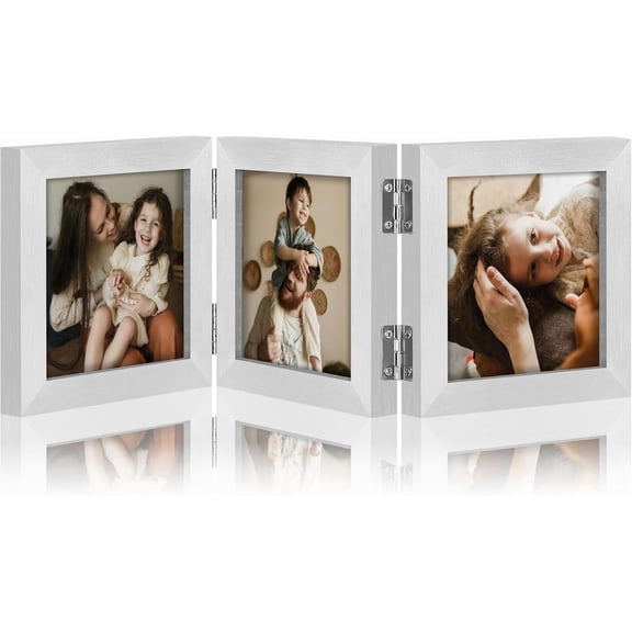 Triple 4x4 Picture Frame Vertical, Engineered Wood Trifold Photo Frame with Plexiglass for Tabletop Display, 4x4, Silver