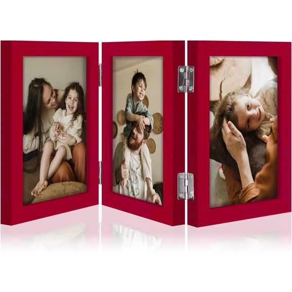 Triple 4x6 Picture Frame Vertical, Engineered Wood Trifold Photo Frame with Plexiglass for Tabletop Display, 4x6, Red