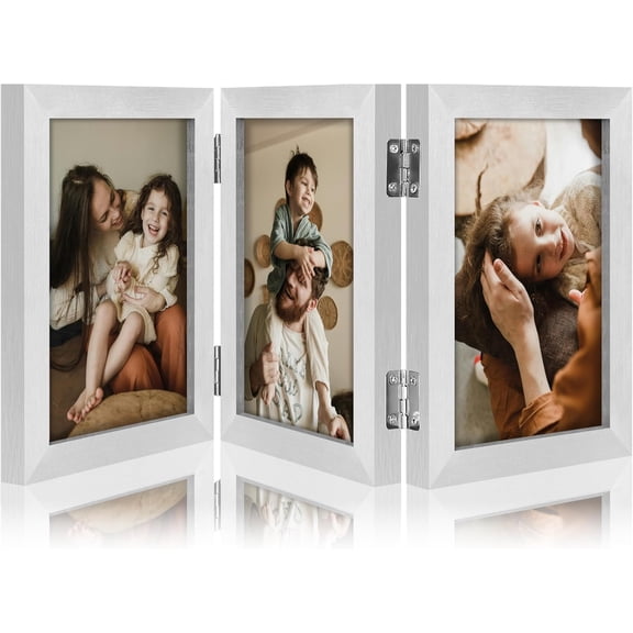 Triple 4x6 Picture Frame Vertical, Engineered Wood Trifold Photo Frame with Plexiglass for Tabletop Display, 4x6, Silver