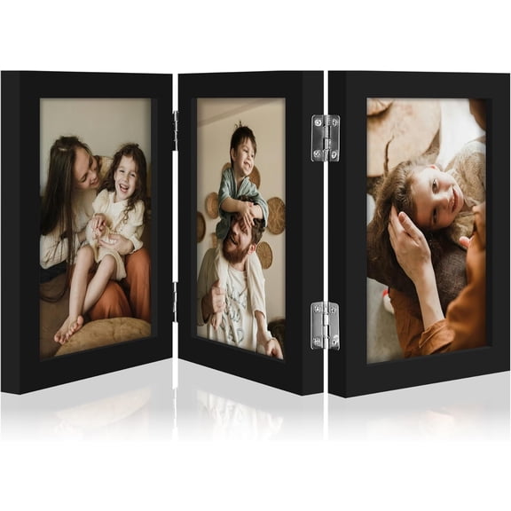 Triple 4x6 Picture Frame Vertical, Engineered Wood Trifold Photo with Plexiglass for Tabletop Display, 4x6, Black