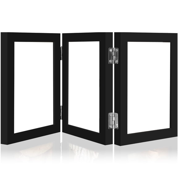 Triple 4x6 vertical picture frame. Engineered wood trifold, clear plexiglass front. Easy photo insertion, ideal for family photos, office desk decor, or gift.