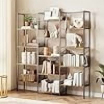 Triple 5 Tier Bookshelf, 13-Shelf Wide Open Bookcase, Heavy Duty Metal Frame and Particle Board, Freestanding Storage Display Shelf for Home Office,Brown