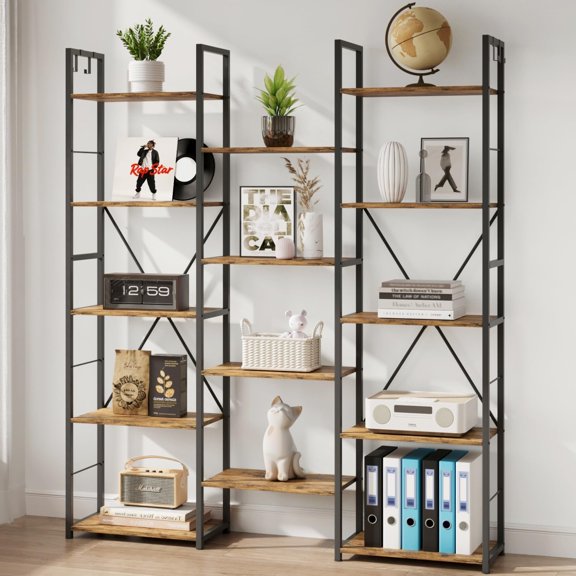 Triple 5 Tier Bookshelf with 14 Open Book Shelves,Home Office Bookcase Shelf Heavy Duty Storage Organizer,67" H Display Shelves for Living Room,Kitchen Room,Flower Room,Rustic Brown
