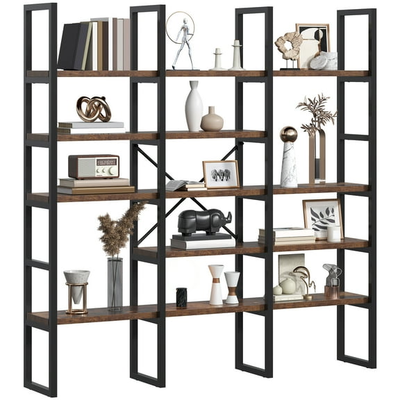 Triple 5-Tier Bookshelf - 71" Tall Industrial Bookcase with Sturdy Metal Frame, Modern Etagere Display Shelf for Living Room, Office & Bedroom Storage, Rustic Brown