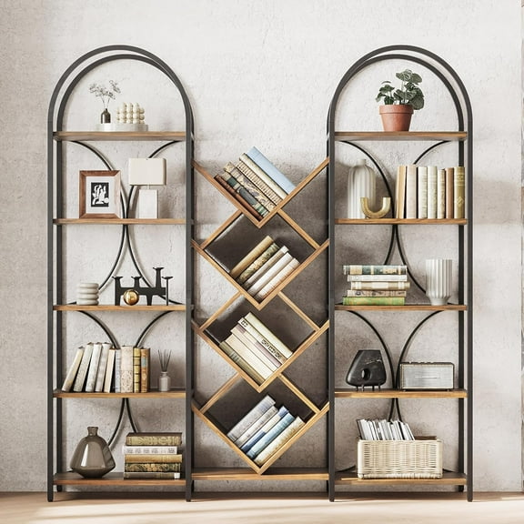 Triple 5 Tier Bookshelf, Bookcase with 18 Open Display Shelves, Wide Tree Bookshelf Metal Frame Tall Book Case for Living Room Home Office Rustic Brown