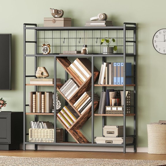 Triple 5-Tier Bookshelf, Industrial Large Bookcase with 14 Open Display Shelves, Modern Tree Bookcase with Metal Frame and Function for Living Room, Office, Rustic Brown and Black