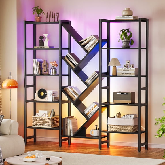 Casacomoda, Bookshelf, 17 Open Shelves, RGB LED Lights, Tree Design ...