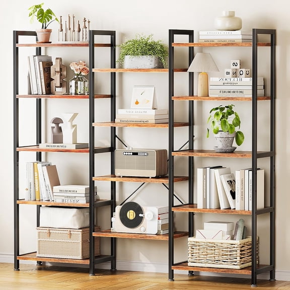 Triple 5 Tier Bookshelf, Large Bookcase with 14 Open Display Shelves, Modern Industrial Book Shelves Book Case for Bedroom, Wide Standing Shelving Unit for Living Room Home Office, Vintage