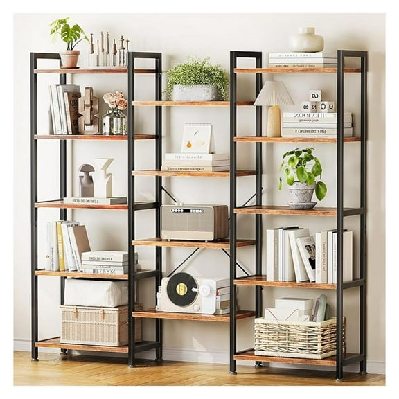 Triple 5 Tier Bookshelf, Large Bookcase with 14 Open Display Shelves, Modern Industrial Book Shelves Book Case for Bedroom, Wide Standing Shelving Unit for Living Room Home Office, Vintage