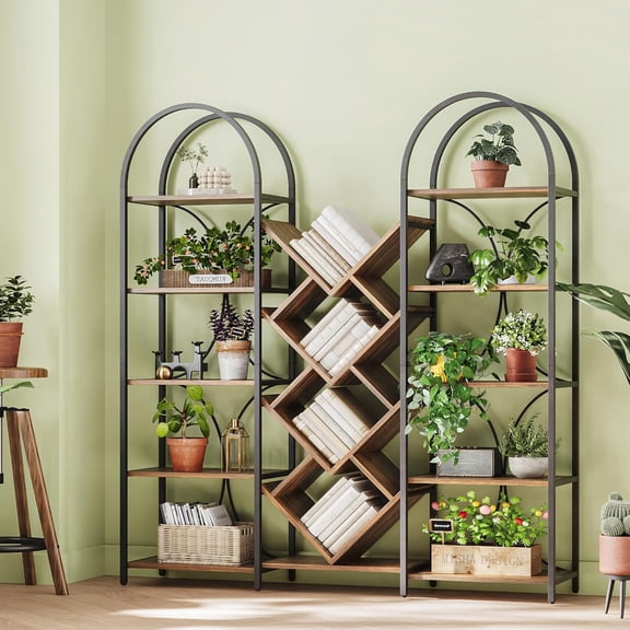 Triple 5 Tier Bookshelf, Large Bookcase with 18 Open Display Shelves, Wide Tree Bookshelf Metal Frame Tall Book Case for Living Room Home Office Rustic Brown