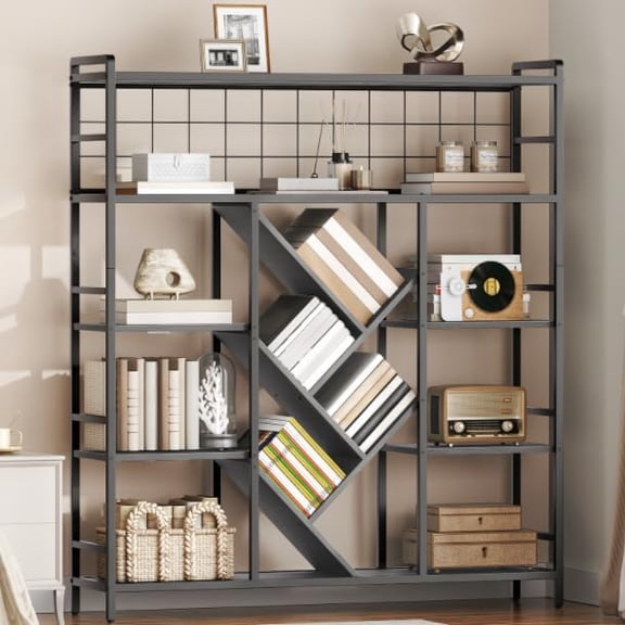 Triple 5-Tier Bookshelf, Large Wide Bookcase with 14 Open Display Shelves, Modern Tree Bookcase Metal Frame Bookshelf with Hanging Function for Living Room Home Office, Black