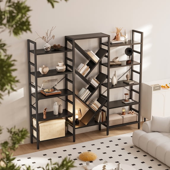 Triple 5 Tier Bookshelf, Large Wooden Bookcase with 17 Open Display Shelves, Modern Tree Book Shelf Metal Frame Tall Bookshelves Furniture for Living Room Bedroom Home Office Black