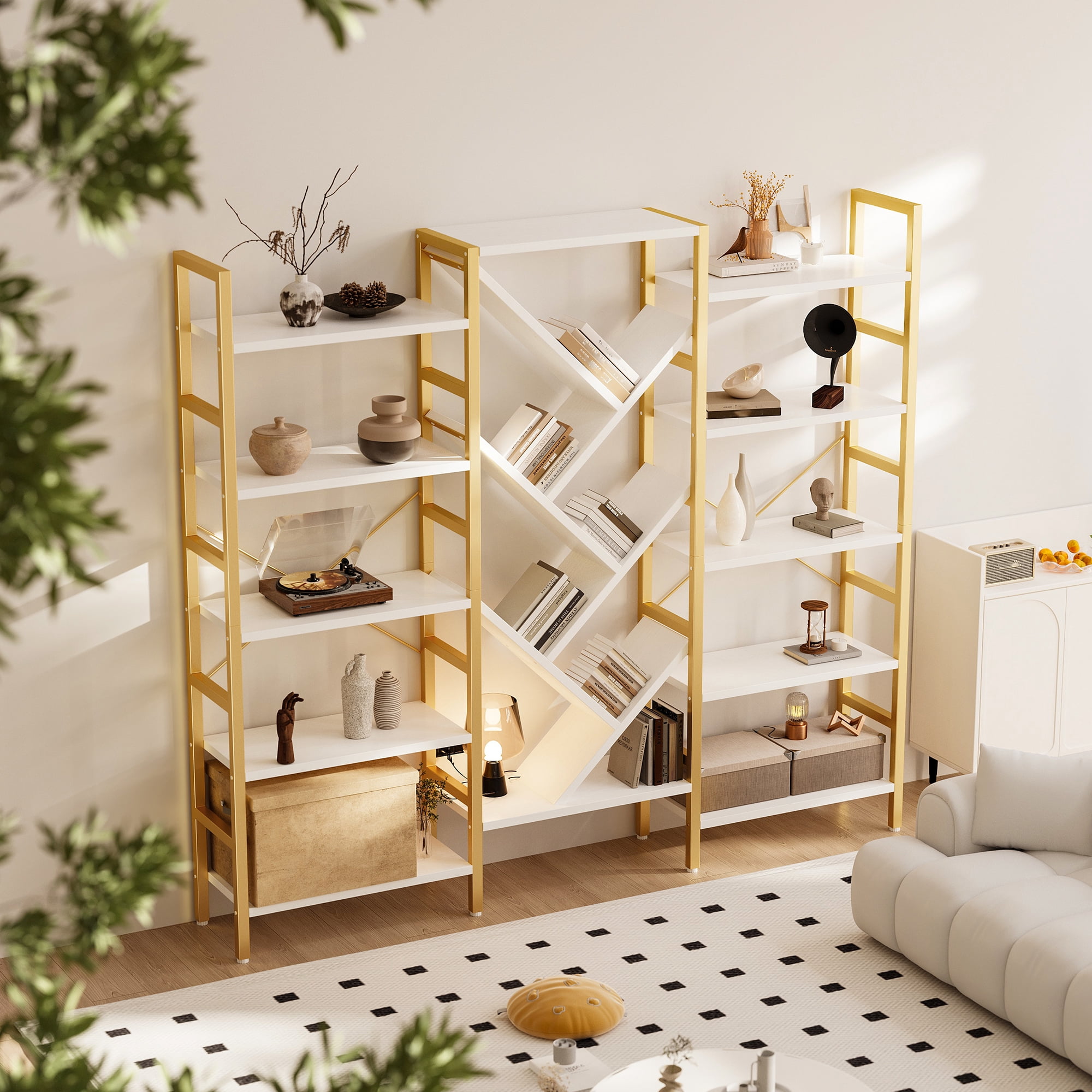Triple 5 Tier Bookshelf, Large Wooden Bookcase with 17 Open Display Shelves, Modern Tree Book Shelf Metal Frame Tall Bookshelves Furniture for Living Room Bedroom Home Office Rustic Brown