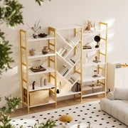 Triple 5 Tier Bookshelf, Large Wooden Bookcase with 17 Open Display Shelves, Modern Tree Book Shelf Metal Frame Tall Bookshelves Furniture for Living Room Bedroom Home Office Rustic Brown