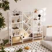 Triple 5 Tier Bookshelf, Large Wooden Bookcase with 17 Open Display Shelves, Modern Tree Book Shelf Metal Frame Tall Bookshelves Furniture for Living Room Bedroom Home Office White