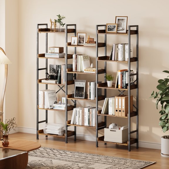 Triple 5-Tier Industrial Bookshelf 14 Open Wooden Shelves Wide Rustic Storage Rack Sturdy Metal Frame Heavy Duty Tall Bookcase for Living Room, Bedroom, Home Office