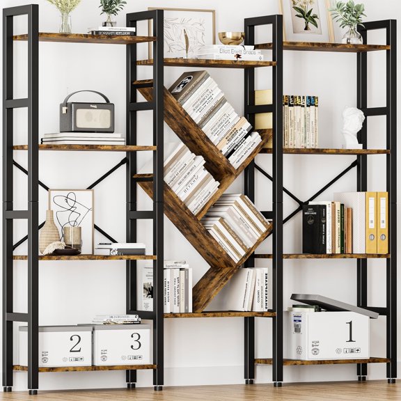 Triple 5-Tier Rustic Brown Geometric Bookshelf With 17 Open Shelves, 70.9W