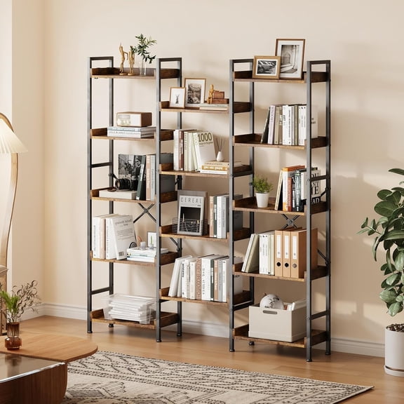 Triple 5-Tier Wooden Bookshelf with 14 Open Display Shelves & Sturdy Metal Frame Wide Rustic Brown Book Storage Rack for Living Room, Bedroom, Home Office