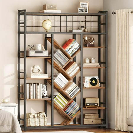 Triple 7-Tier Bookshelf, Large Bookcase with 20 Open Display Shelves, Modern Tree Bookcase with Metal Frame and Hanging Function for Living Room, Home Office, Rustic Brown and Black