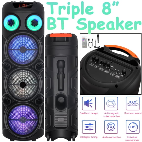 Portable Wireless Party Speaker with Triple 8" Subwoofers, Heavy Bass PA System, Karaoke Machine with FM Microphone, Rechargeable Stereo Sound