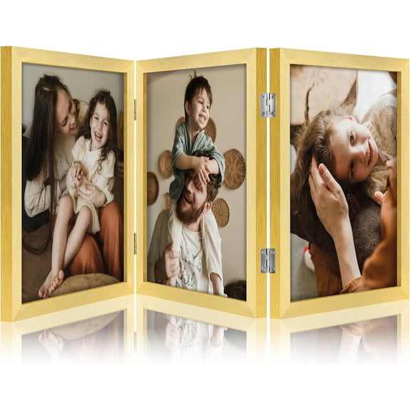 Triple 8X10 Picture Frame Vertical, Engineered Wood Trifold Photo Frame with Plexiglass for Tabletop Display, 8X10, Gold