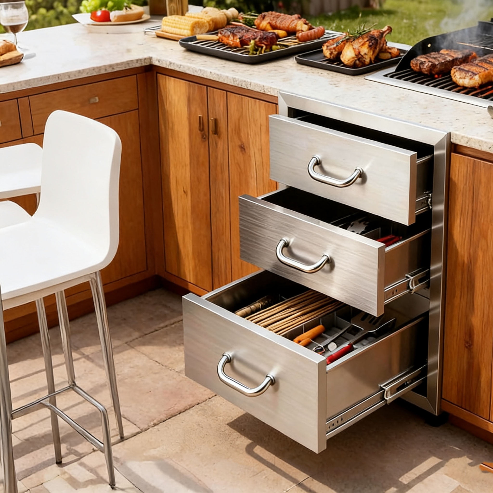 Triple Access Outdoor Kitchen Drawers, Stainless Steel BBQ Island ...