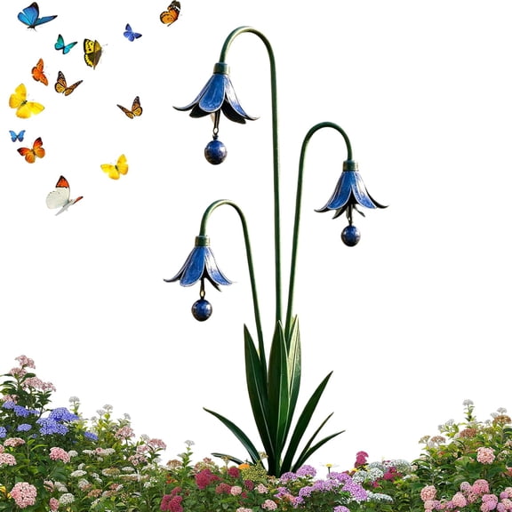 Triple Bluebells Garden Stake With Bell,2026 Metal Flower Outdoor Yard Decoration,Flamed Copper Triple Blue Bells Garden Stake,Handmade Weather Resistant for Walkways Patios Lawn Walkways