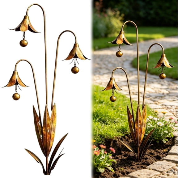 Triple Bluebells Garden Stake with Bell, Metal Flower Outdoor Yard Decoration, Durable Weather Resistant Rustic Handmade Ornament for Walkways Patios Lawn Walkways