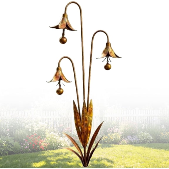 Triple Bluebells Garden Stake with Bell, Rustic Flower Yard Art Decor, Weather Resistant Outdoor Lawn Ornament, Handmade Floral Garden Decoration (1pc)