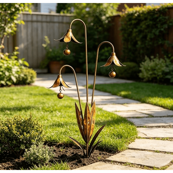 Triple Bluebells Garden Stake with Wind Bell, Durable Rustic Yard Art, Metal Flower Garden Stake Suitable for Patio Lawn Courtyard Outdoor Decor 1pcs